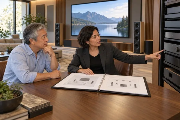 AV consultant reviewing system plans with a homeowner and explaining equipment in an audiovisual showroom.